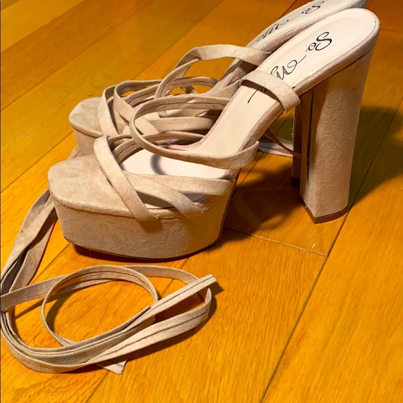 Nude pink platform suede lace up heels. - Picture 2 of 3